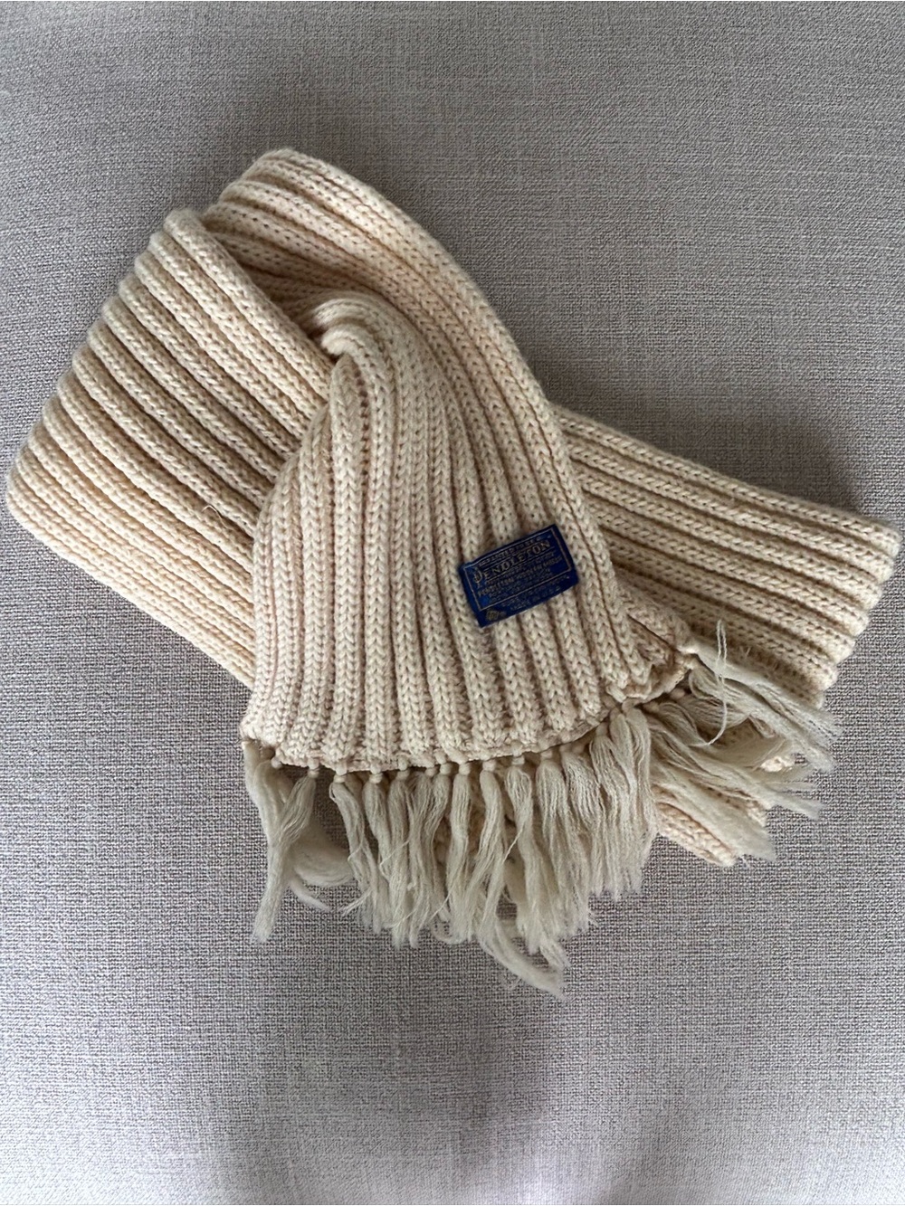 Pendleton Vntg. Cream Ribbed Fringe Knit Scarf with Blue Label 60”